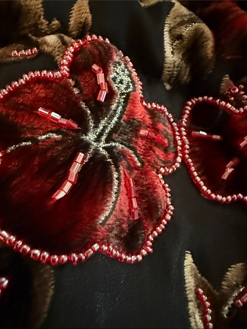 Embroidered Black Satin Mini Drawstring Bag with Red Floral Accents - Picture 3 of 5